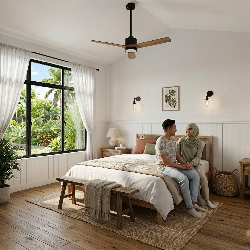 Bilik tidur rumah farmhouse moden — design interior premium dengan panel kayu