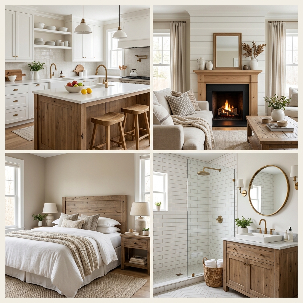Design interior rumah farmhouse moden — koleksi dapur, ruang tamu, bilik tidur dan bilik air