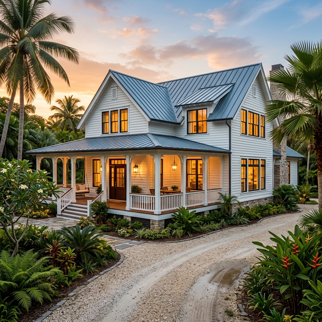 Design rumah farmhouse moden Malaysia — render 3D sudut sisi dengan serambi dan landskap tropikal