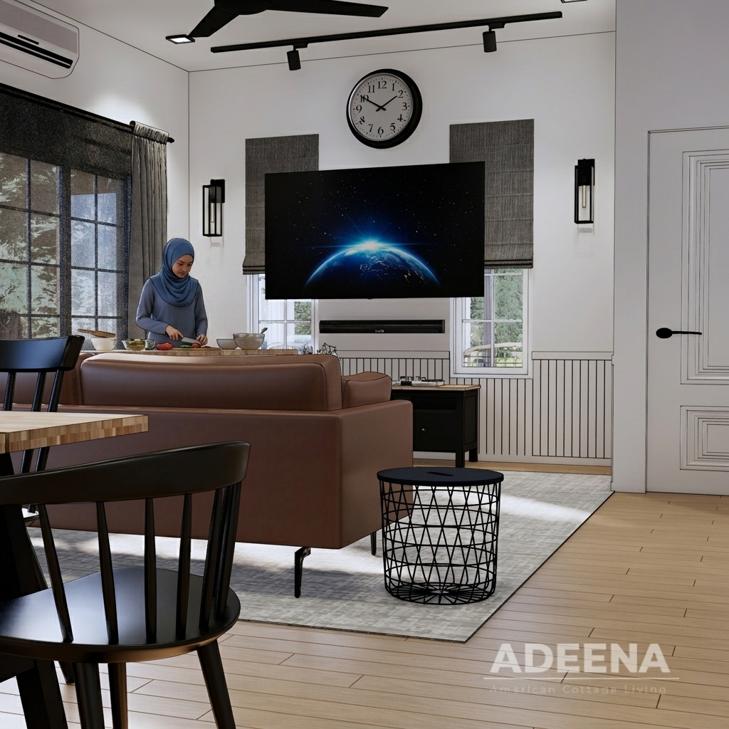Dapur farmhouse moden — design island kitchen dengan kabinet putih dan meja kayu