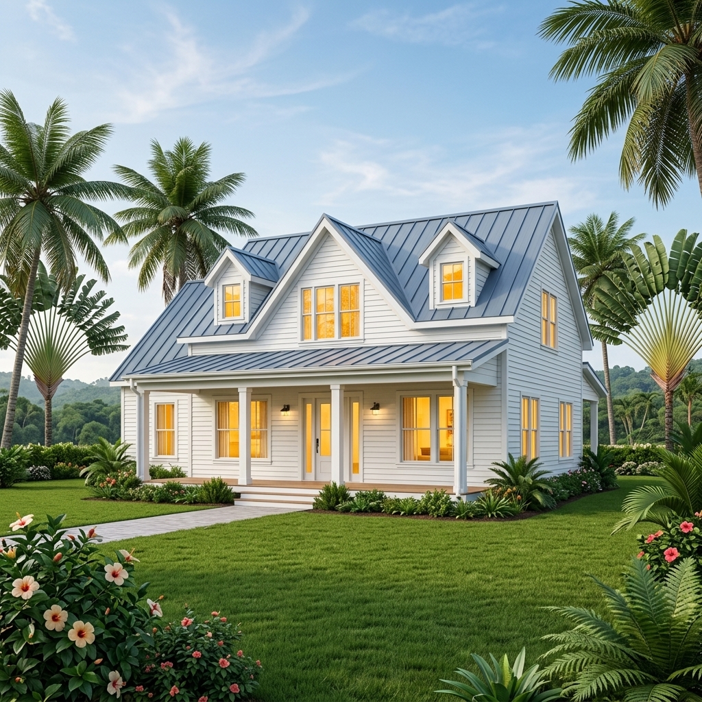 Fasad hadapan design rumah farmhouse moden — clapboard putih dan serambi luas
