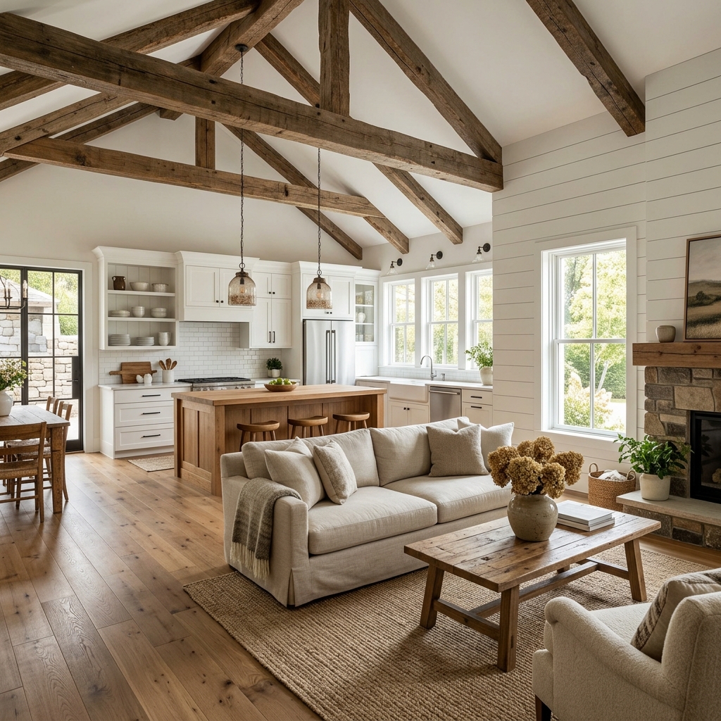 Interior open plan rumah farmhouse moden — ruang tamu luas dengan dapur terbuka dan siling tinggi