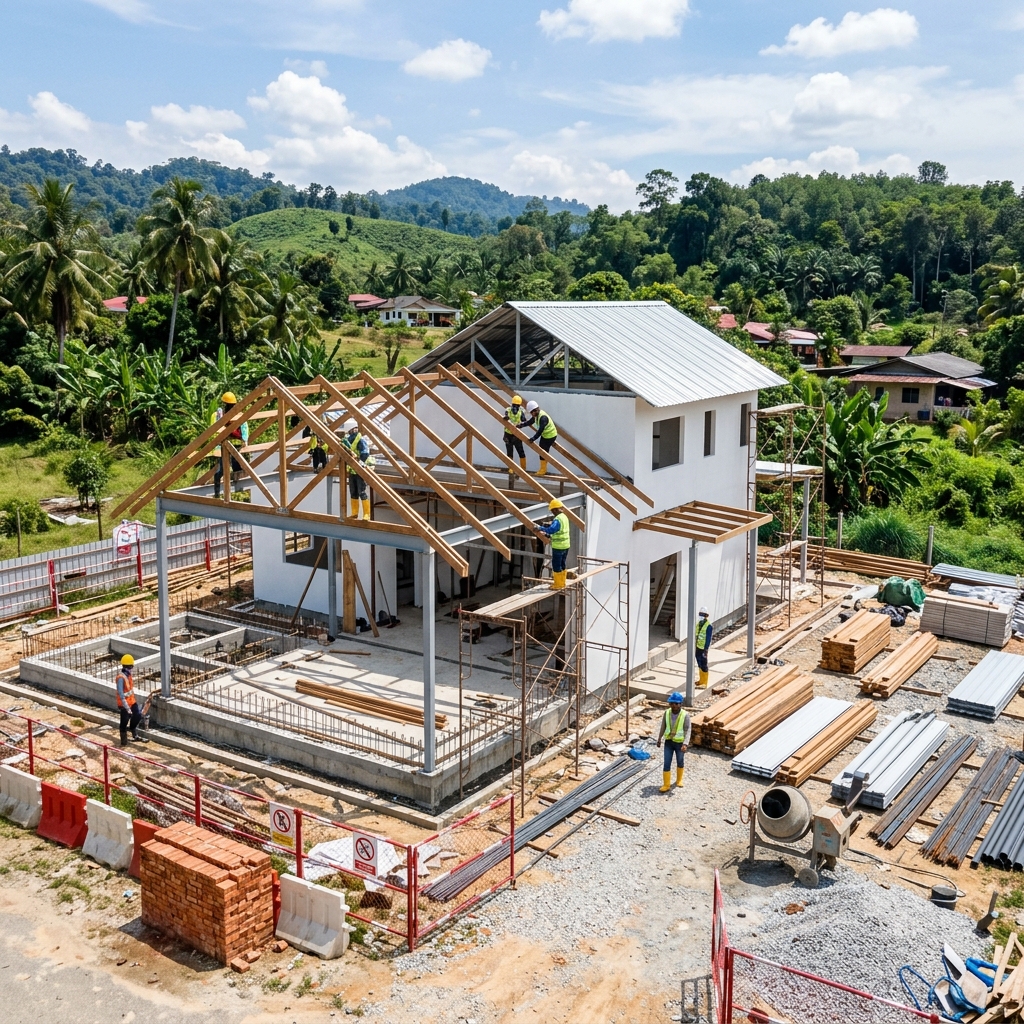 Pembinaan rumah farmhouse di tapak — struktur keluli dan asas konkrit oleh Platinum Jaya Solutions