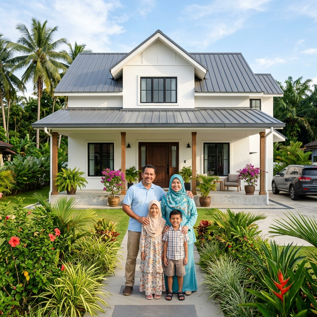 Keluarga Melayu gembira di hadapan rumah farmhouse baru yang siap dibina oleh Platinum Jaya Solutions